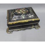 Lacquered box with abalone inlay and gilt highlights. with a hinged lift and lift out ray containing