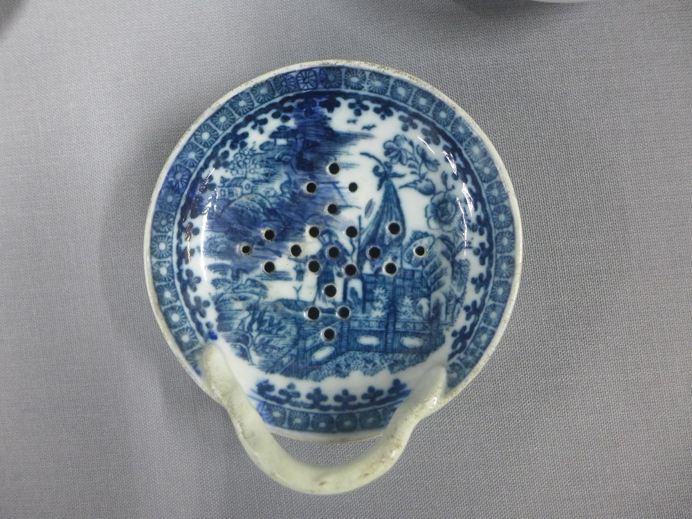 Three English 18th century blue and white strainers to include Fisherman and Cormorant pattern and - Image 2 of 3