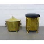 Two brass coal buckets, one with an upholstered octagonal top, largest 40cm high (2)