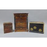 Miniature mahogany veneered escritoire and two playing card boxes - one lacquered the other mahogany