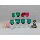 Two Venetian glass tumblers, Bohemian glass scent bottle and stopper and green and red wine glasses,