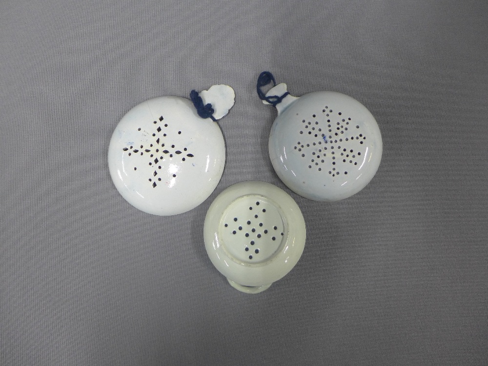 Three English 18th century blue and white strainers to include Fisherman and Cormorant pattern and - Image 3 of 3