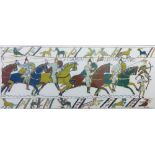 Modern tapestry embroidered panel of the Bayeux Tapestry, framed under glass, 112 x 46cm