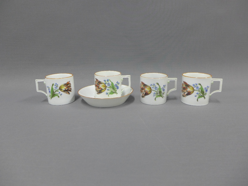 Set of four Meissen floral patterned coffee cans and a one matching saucer, with brown rim lines,