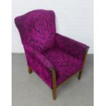 Purple damask style velvet upholstered armchair, 69 x 96 x 52cm