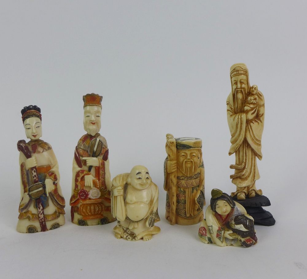 A group of six faux ivory and carved bone figures to include a scent bottle, etc, tallest 12cm (6)