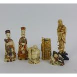 A group of six faux ivory and carved bone figures to include a scent bottle, etc, tallest 12cm (6)