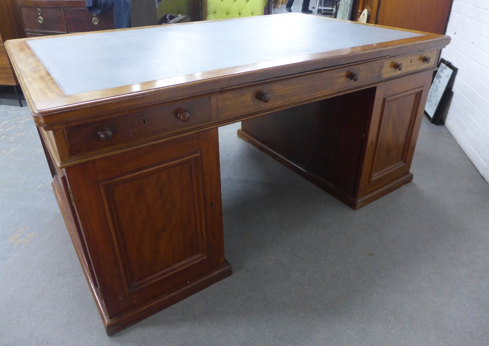 Mahogany partner's desk, the rectangular top with a pale blue leather skivver, with a drawer to each - Image 8 of 8