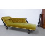 Late 19th / early 20th chaise longue with button back upholstered sloping back and carved ebonised