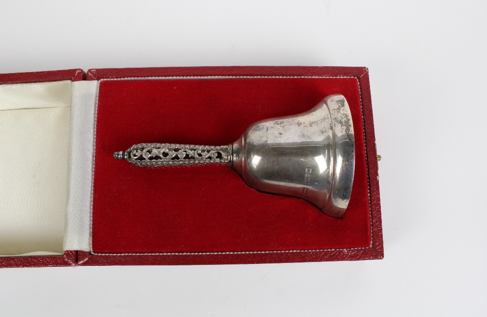 Silver bell with filigree handle, London 1987, boxed together with a three piece silver condiments - Image 3 of 4