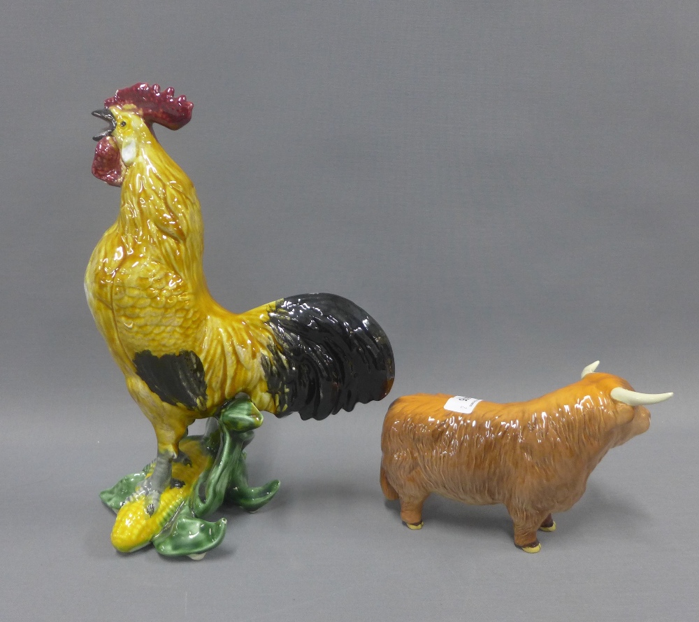 Continental pottery Cockerel, 24cm, and a Beswick highland cow, (a/f) - Image 2 of 3