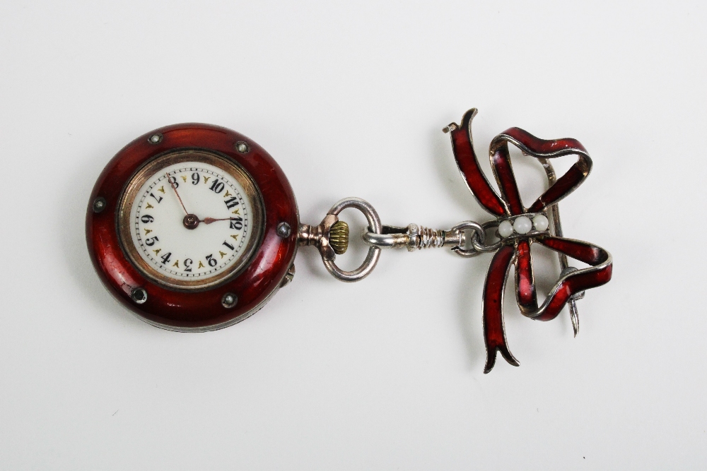 Early 20th century red enamel and seed pearl fob watch - Image 2 of 4