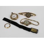 Two early 20th century 9ct gold cased lady's wristwatches and a 9ct gold cased fob watch and
