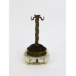 19th century pin cushion / stand with a gilt metal pole with two hanging loops and velvet cushion,