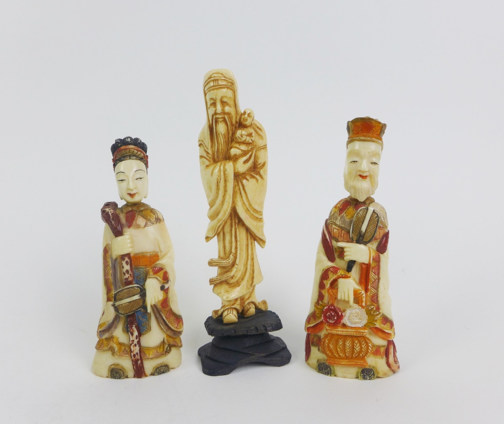 A group of six faux ivory and carved bone figures to include a scent bottle, etc, tallest 12cm (6) - Image 4 of 4