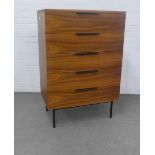 Contemporary walnut coloured chest with five long drawers on black metal legs, 104 x 70 x 45cm