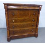 Victorian flame mahogany Scottish chest with a cushion fronted long drawer over three short and