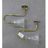 A pair of brass wall lights with etched glass shades, 30cm (2)