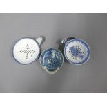 Three English 18th century blue and white strainers to include Fisherman and Cormorant pattern and