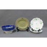 Wedgwood basket weave oval plate, a pair of English porcelain plates and a pearlware blue and