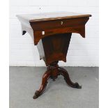 19th century mahogany work table, square hinged top, fitted interior with a lift out tray, on tripod