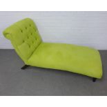 Contemporary lime green upholstered day bed / chaise, with button back and stained wooden legs,