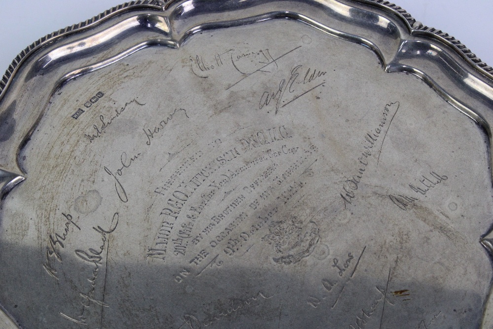 George V silver presentation tray with a gadrooned pie crust rim, inscription to centre within a - Image 2 of 5