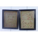 Two alphabet needlework samplers, framed under glass, largest 30 x 40cm 92)