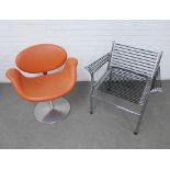 Two iconic style chairs to include an orange vinyl upholstered Artifort chair and another (2)