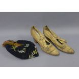 A pair of early 20th century Lady's shoes and a silk embroidered black velvet hat with a tassel (2)