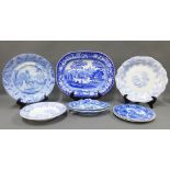 19th century Staffordshire blue and white transfer printed pottery to include Wild Rose Meir & Son