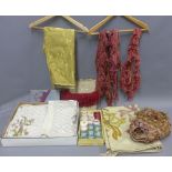 Two cartons containing a collection of antique and vintage braiding, threads, woolwork panel and