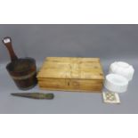 Vintage kitchenalia to include two white glazed pottery moulds, pine box, oak and metal bound tub,
