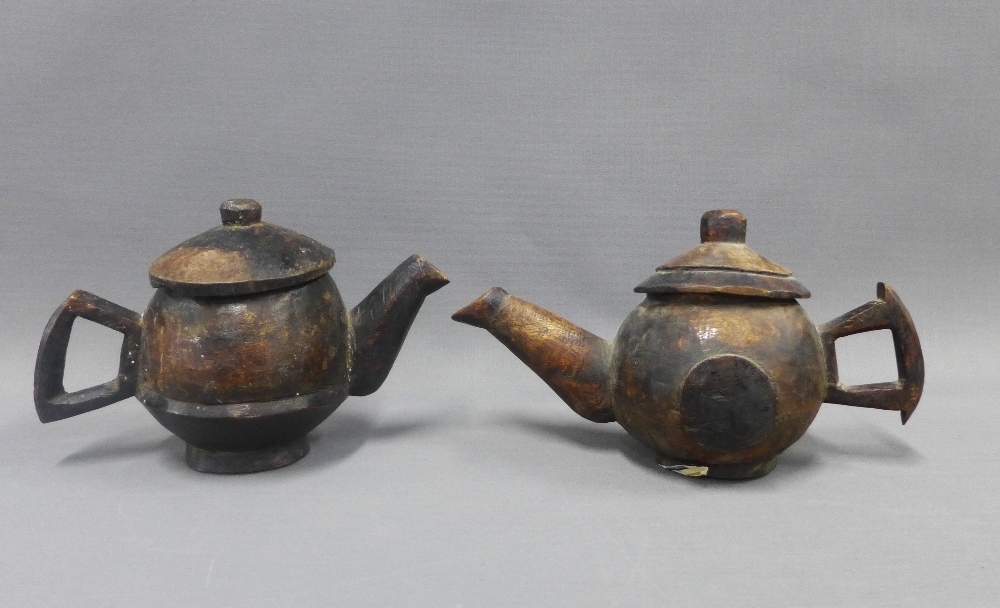 Two South African wooden teapots, largest 16cm high (2)