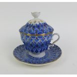 Russian porcelain blue and white chocolate cup, to include cup, saucer and cover