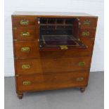 19th century Irish mahogany two part campaign secretaire chest, the rectangular top over a central