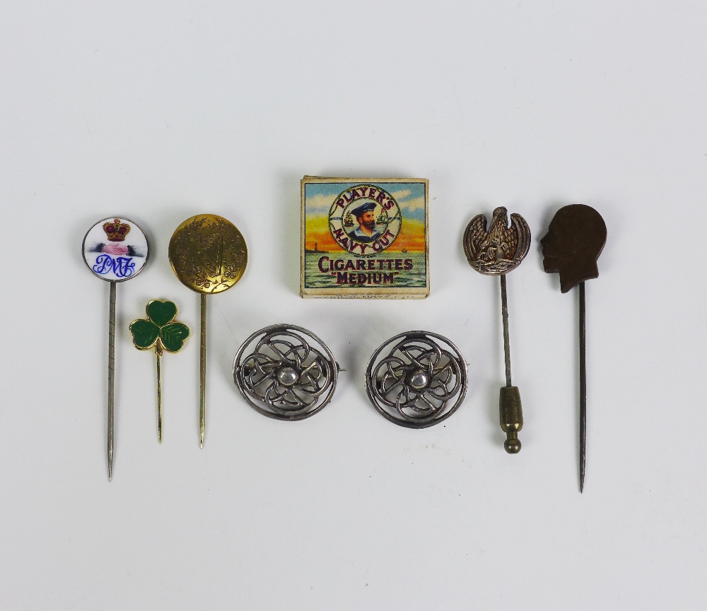 Mixed lot to include two silver celtic knot brooches, five various tiepins and miniature pack of