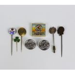 Mixed lot to include two silver celtic knot brooches, five various tiepins and miniature pack of