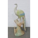 Composite floor standing peacock, tree stump and squirrels, 106cm high