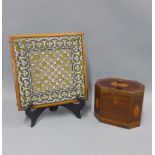19th century mahogany and inlaid tea caddy and a Victorian square stand with a beadwork top, (2)