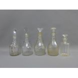 Collection of five glass decanters and stoppers, (5)