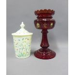 Bohemian glass lustre base / vase and an opaque glass jar and cover enamelled with small flowers,