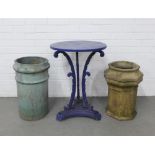 Two chimney pots, one painted duck egg blue and a blue painted garden table, 49 x 68cm (3)