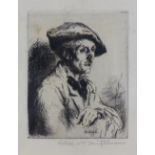 A.W Heintzelmann, 'Study of an Artist', etching, signed in pencil, framed under glass, 8 x 10cm,