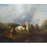 18th century German School, white horse and fallen rider with other figures, oil on board,