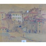 Continental School, pencil and watercolour of a village with bridge, signed indistinctly, framed