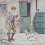 Ralph Rowland, stable scene with a man and a dog, ink and watercolour, signed and dated 1908, 26 x