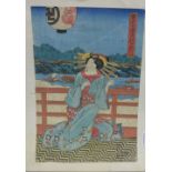 Japanese woodblock print of a Geisha, unframed and with character marks, 26 x 40cm