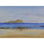 Ros Pearson, a watercolour of Craigleith Island, signed and framed under glass, 36 x 26cm