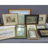 A carton containing a quantity of 19th century and later prints and watercolours, etc, all framed,